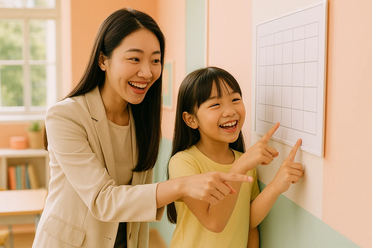선생님과 학생이 주간 학습 계획을 함께 세우는 모습
